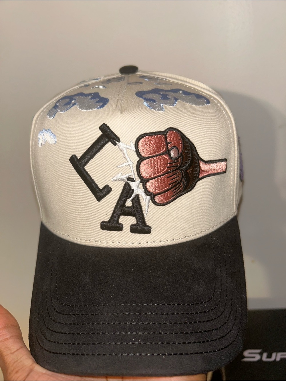 Anime LA Embroidered Snapback Cap – Beige & Black